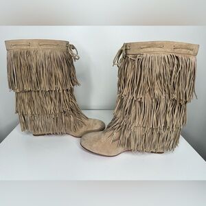Christian Louboutin Pina Tan Suede Flat Fringe Wedge Boots- Boho Chic